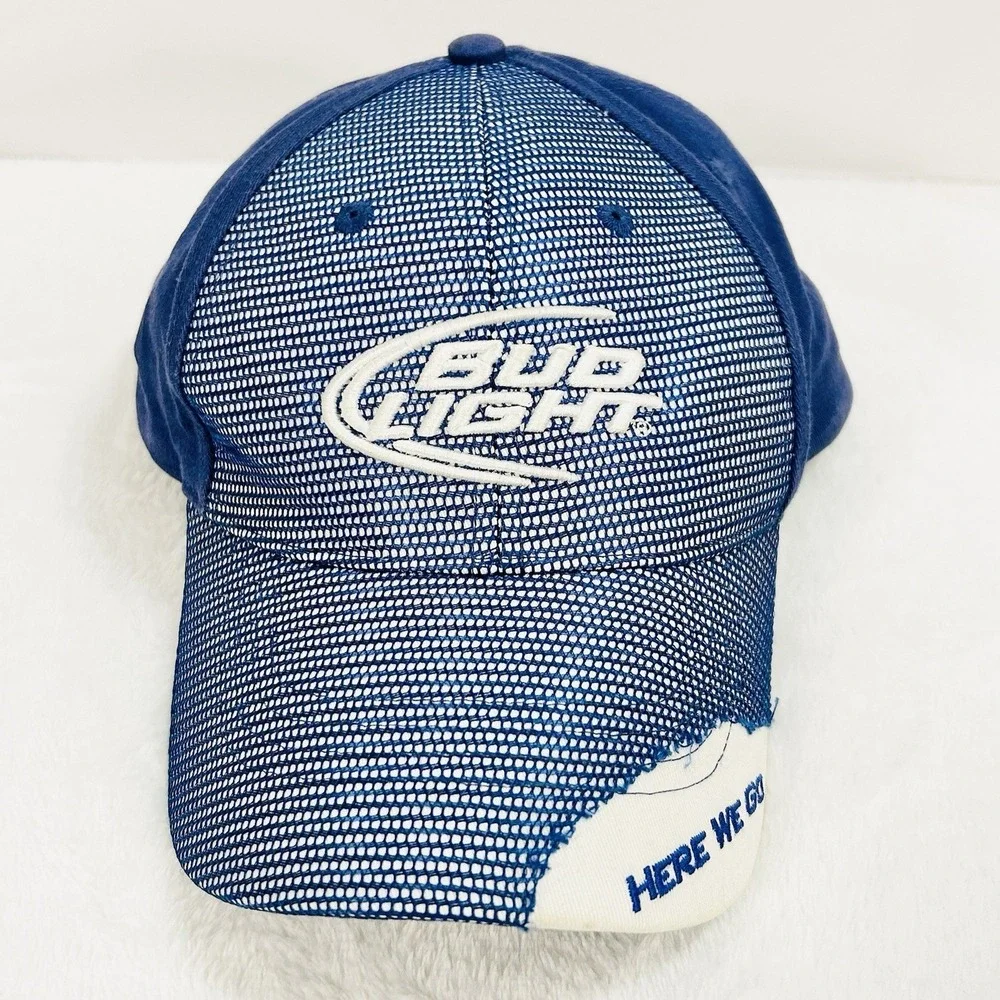 Bud Light Mesh Distressed Hat Cap Adjustable Strapback Blue Outdoors‎ Casual